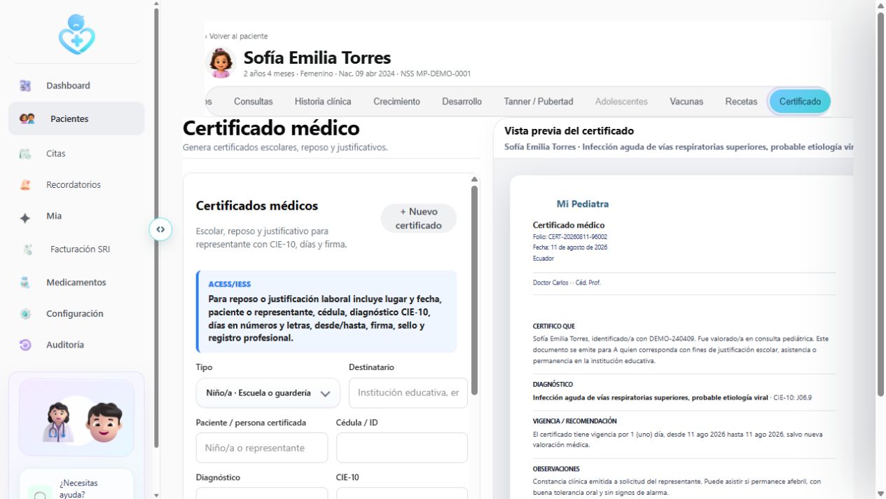 Generación y vista previa actual de un certificado médico pediátrico